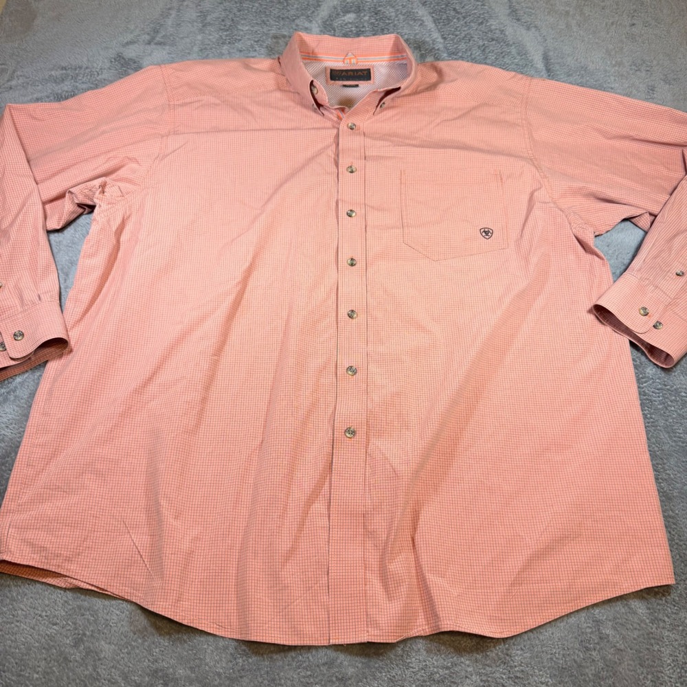 Ariat Pro Series Mens XXL Long Sleeve Button Down Shirt Coral Orange Plaid Mesh